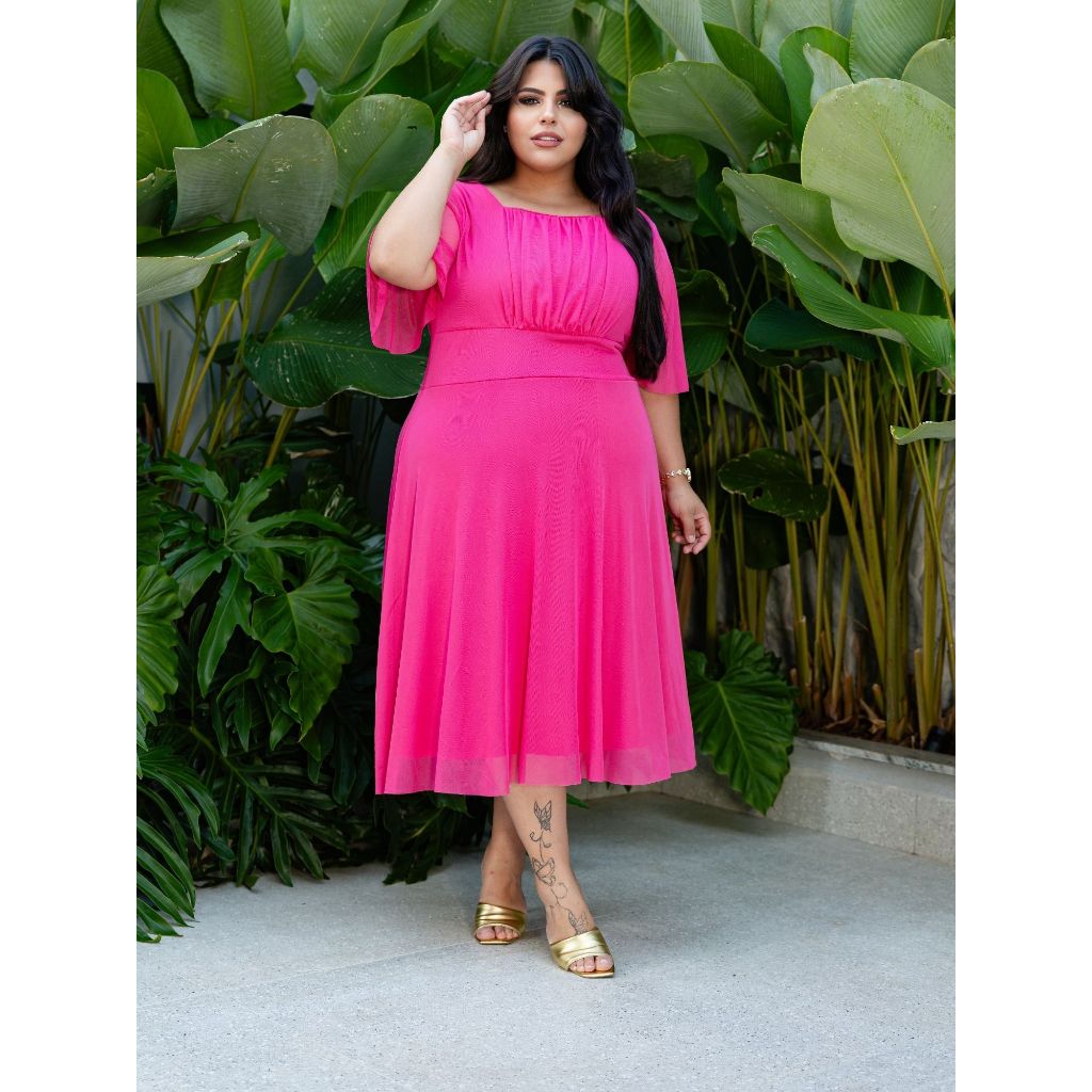 VESTIDO PLUS SIZE MIDI EM TULE FORRADO MANGA FLER MODA FEMENINO E EVANGELICA