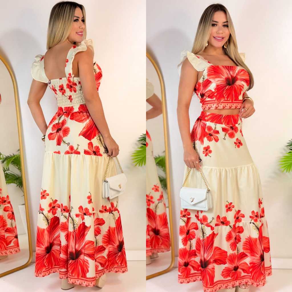 Conjunto Femenino Estampado Saia e Croped Tecido Crepinho