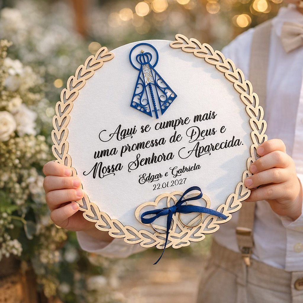 Porta Alianças Personalizado em MDF - Nome do Casal e Data - Nossa Senhora Aparecida Único