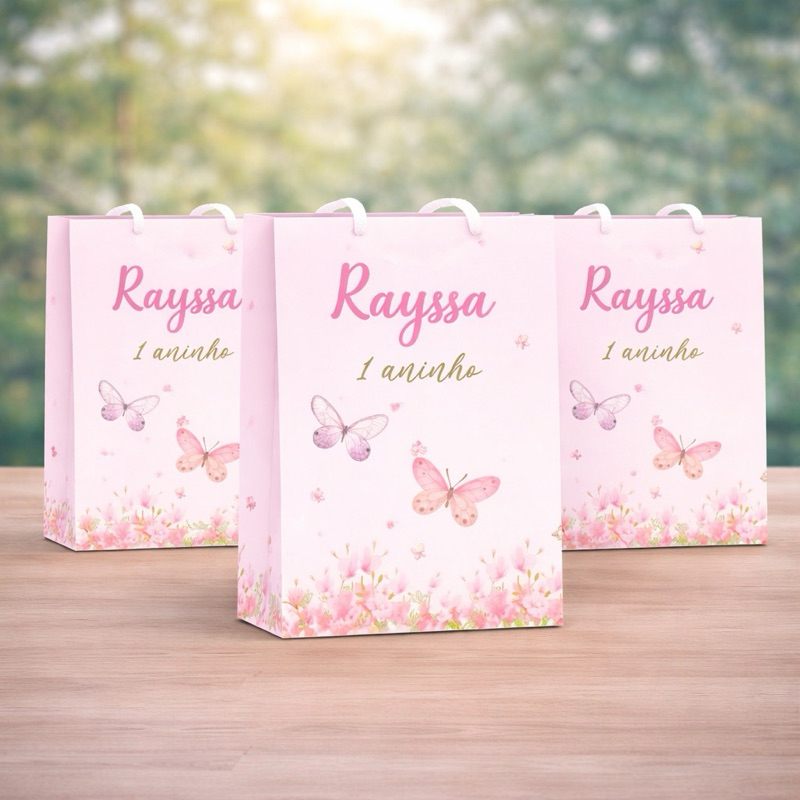 Sacolinha Personalizada Lembrancinha Festa Aniversário Pegue e Monte - Jardim das Borboletas Rosa