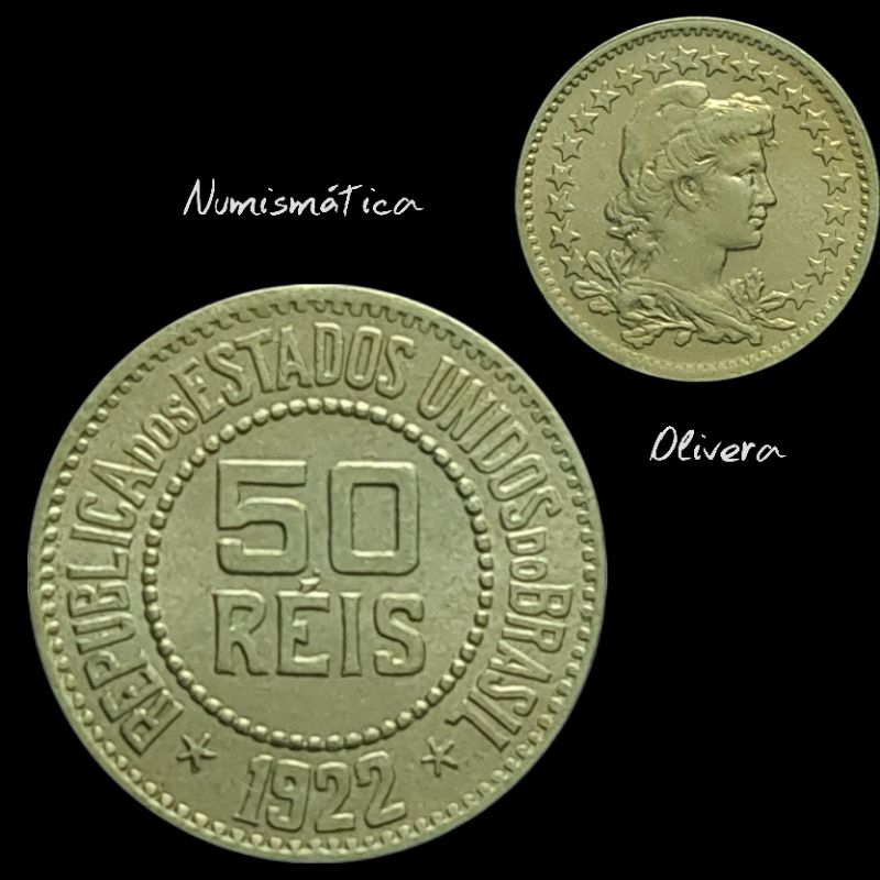 Moeda antiga Brasil 50 réis 1922.