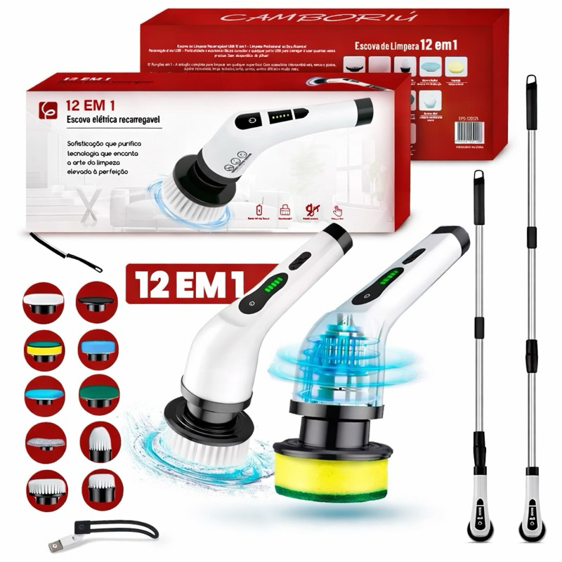 Escova Elétrica Rotativa 12 em 1 Recarregável – Limpeza Profunda Sem Esforço USB