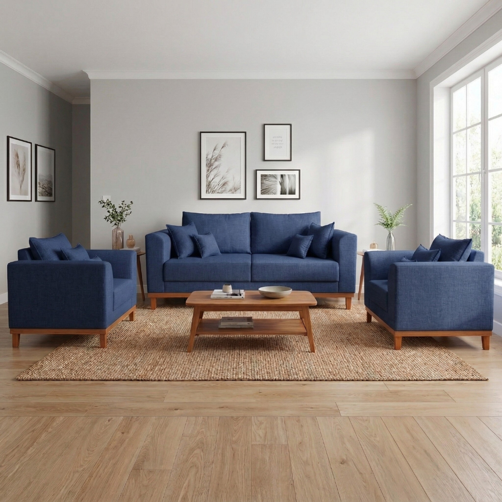 Kit Sofá 3 Lugares e Poltronas Sala de Estar Beny Linho Azul Marinho Madeira Estofados