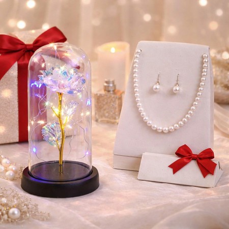 KIT PRESENTE Rosa Encantada + Colar e Brincos de Pérolas Elegantes – Ideal para Surpreender