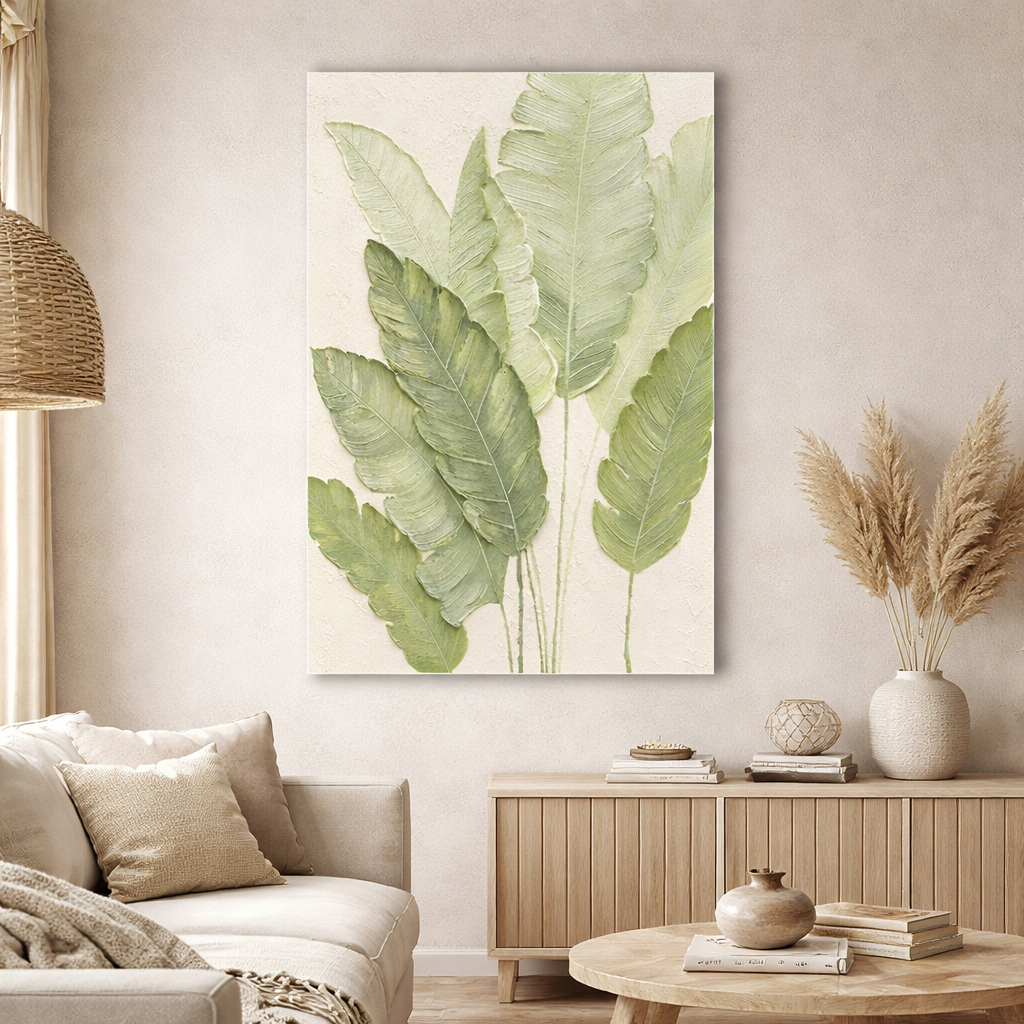 Quadro Decorativo 110x70 Folhagem Clean Verde Elegante Minimalista Luxuosa Decoração Sala Hall
