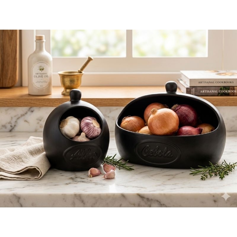 Kit porta alho e porta cebola utensílio para condimento cozinha