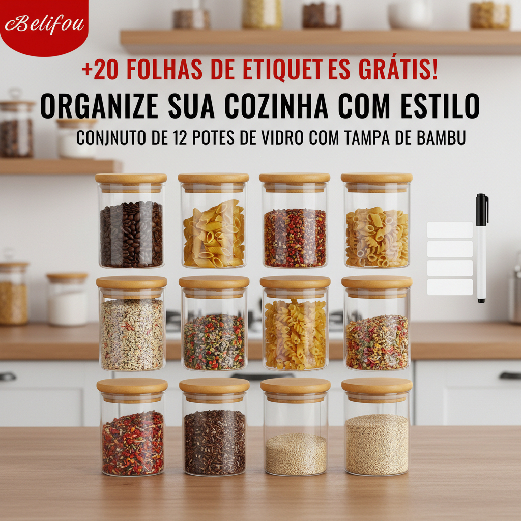 Belifou 200ML Kit 6 Potes Para Alimentos Com Tampa Bambu Potes Vidro Potes Pote De Vidro Selado