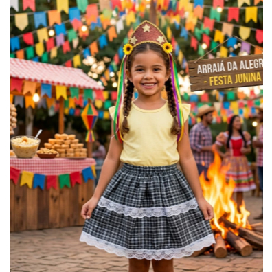 Conjunto de Fantasia Maria Bonita para Crianças e Adultos -Saia Xadrez Detalhes em Renda e Arco de Cangaço| Festa Junina