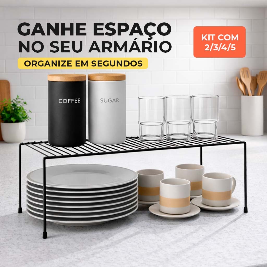 Organizador de Armario Cozinha Prateleira Suspensa Porta Pratos e Copos Preto