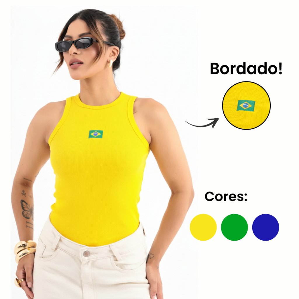 Regata Feminina Brasil Ribana Premium com Bandeira Brasil em BORDADO Modelagem ajustada - Edição Copa Do Mundo 2026 -