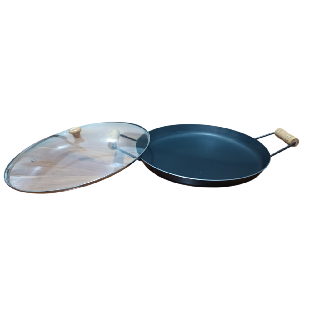 Disco de Disco de Arado Bifeira de Aço Rustico Reforçado com Alças de Madeira 52 CM com tampa de Vidro Temperado