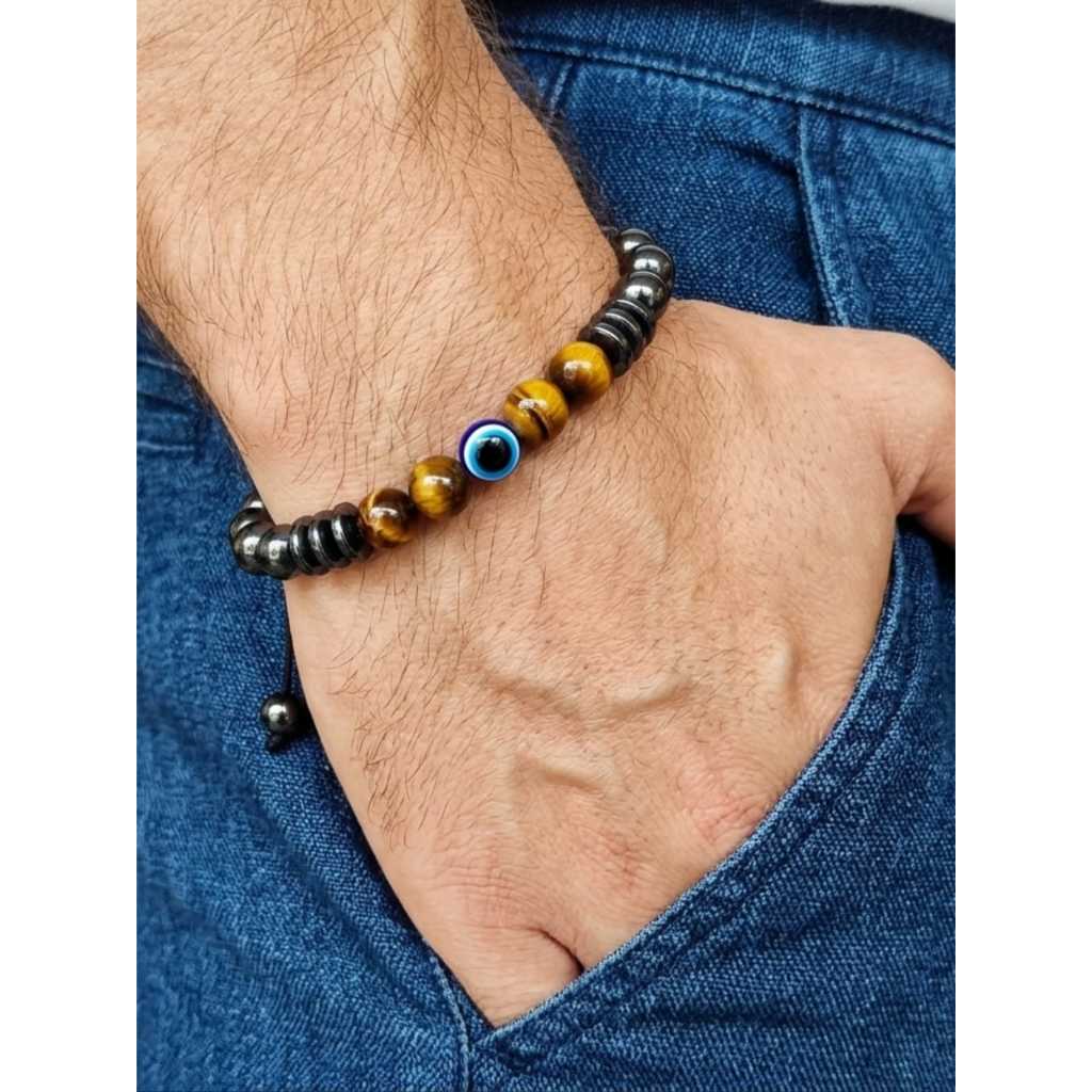 Pulseira de Pedras Natural Esfera 8 mm Hematita Olho de Tigre e Olho Grego l Tripla Proteção REF 385