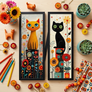 Kit 2 Quadros 18x45 cm Sala, Varanda, Gatos, Flores, moldura e Vidro em Oferta na Shopee