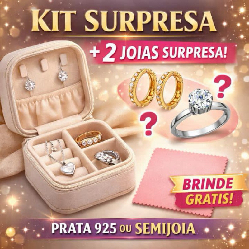 Kit Premiado Porta Joias + 2 Joias Surpresa + Brinde Prata 925 ou Semijoia Ouro 18k