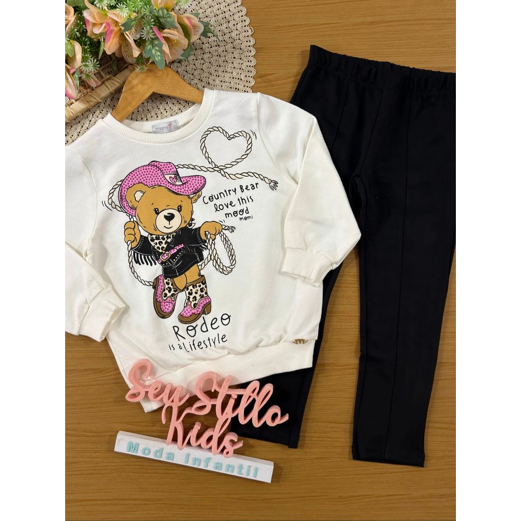 Conjunto Infantil Momi Inverno com Calça Legging e Moletom sem Flanela Branco Country Bear