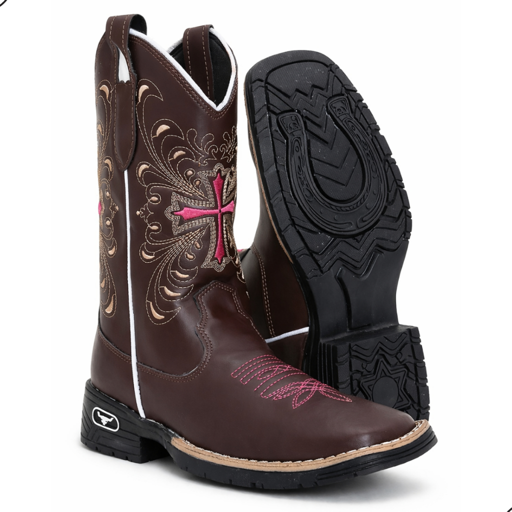 Bota Texana Feminina Boiadeira Ana Castela Bota Country da Moda Bordada Cruz Rosa Cowgirl do Agro