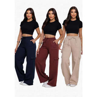 Calça Moletom Franelada Cargo Pantalona Femenina Cintura Alta com Bolsos Casual Confortável Inverno em Oferta na Shopee