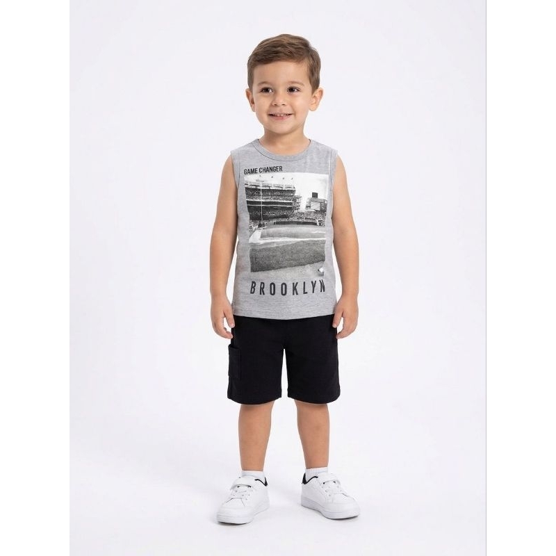 Conjunto Infantil Masculino Verão Regata Brooklyn  Bermuda Preta Confortável Estiloso Tam 04 Mundi