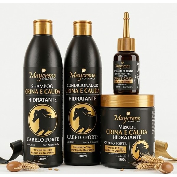 Kit Crina e Cauda Maycrene (Shampoo + Condicionador + Máscara e Reparador 30ml) a Pronta Entrega
