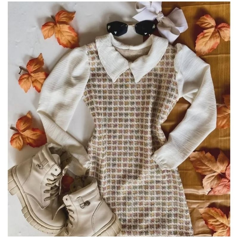 vestido infantil outono inverno mini vest lanzinha com meia calça manga longa princesa quadriculado com gola e bolsos
