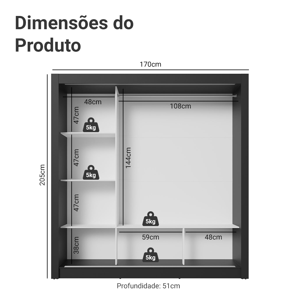 Guarda-Roupa Casal 3 Portas de Correr com Espelho Preto/Cinza Nobre Madesa
