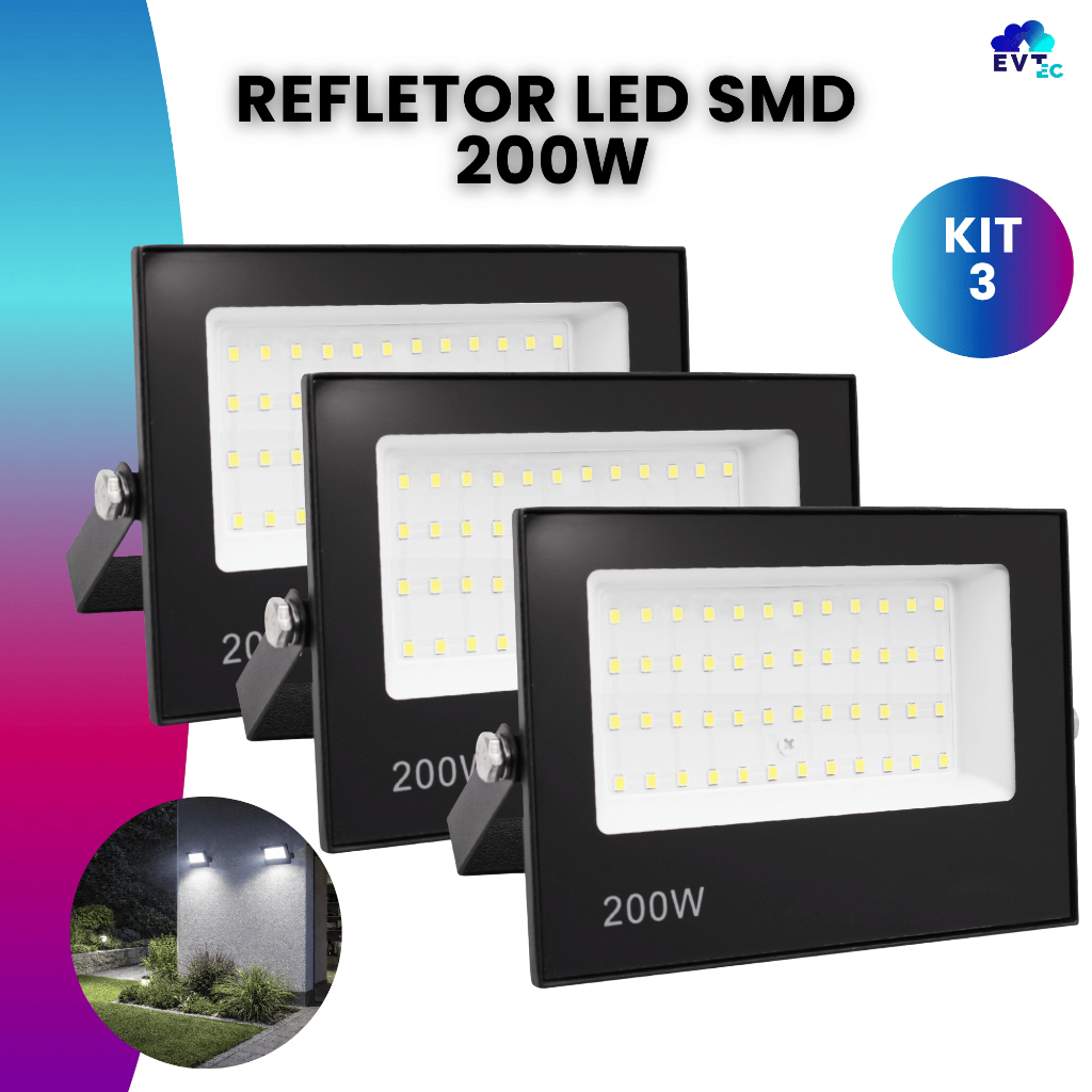 Kit 3 Refletor Led Holofote 200w Ip66 Bivolt Branco Frio em Oferta na Shopee