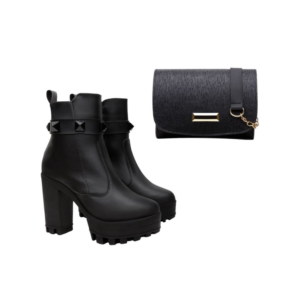 Kit Top Primme Bota Coturno Tratorado Tira Removível Plataforma Feminino Preta + Bolsa Porta Celular