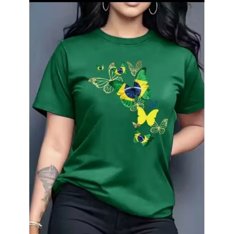 Camiseta t-shirt Feminina 100 % Algodão Brasil Borboleta Copa do Mundo