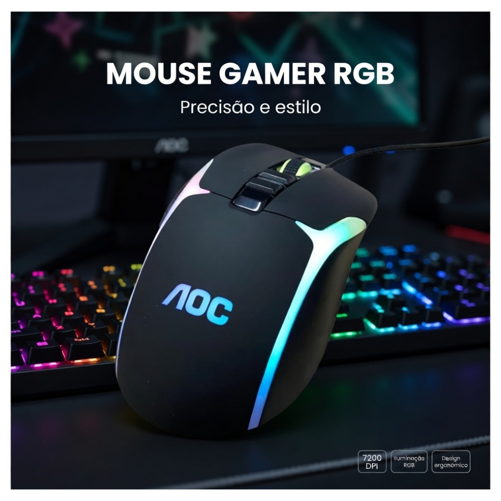 Mouse Gamer RGB 7200 DPI USB 8 Botões LED Ergonômico Alta Precisão Fire Button PC Notebook Jogo Profissional