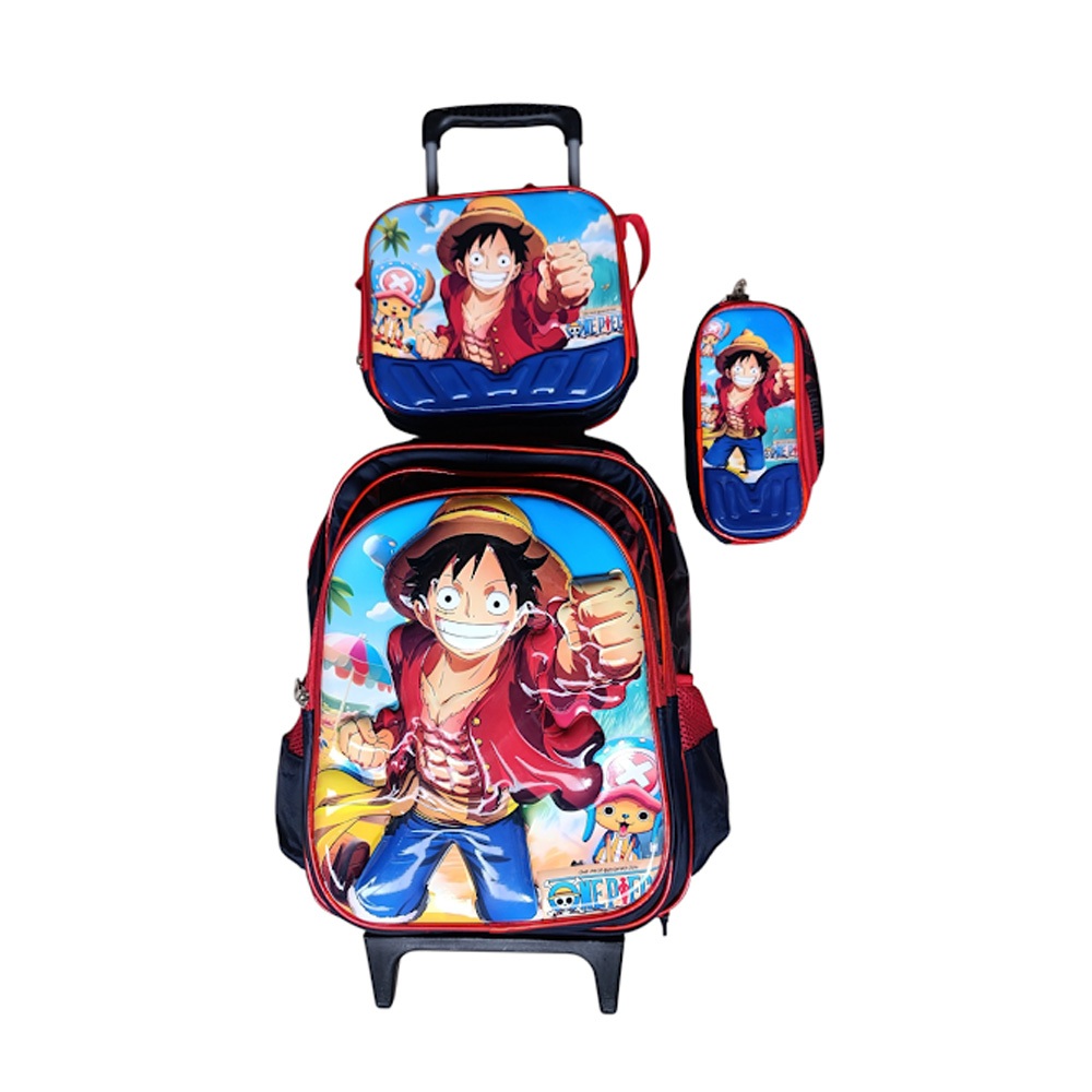 Kit Mochila One Piece em 3D com Rodinhas + Lancheira Térmica + Estojo Escolar Infantil