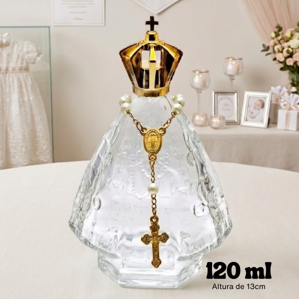 Kit 06 Frascos de Vidro Santinha Nossa Senhora Aparecida 120ml C/ Mini Terço