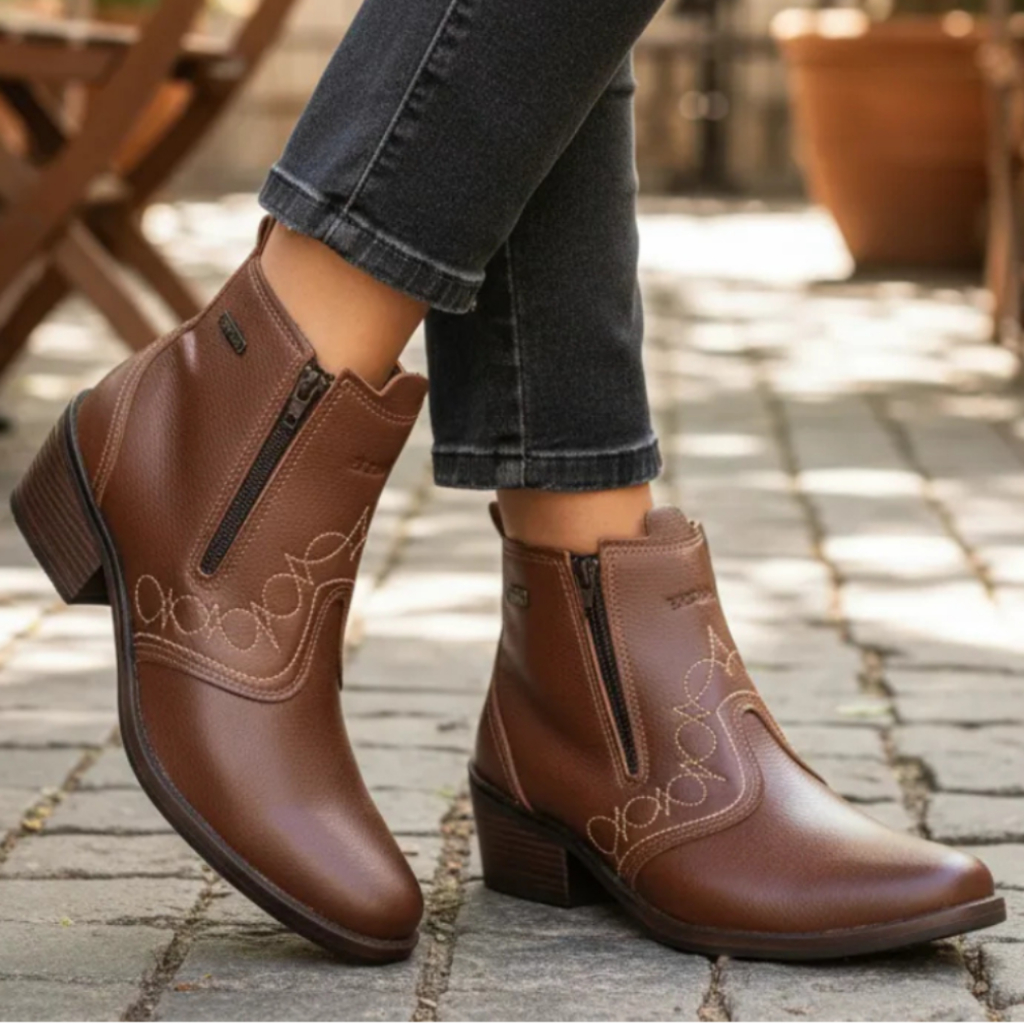 Bota Country Feminina com Zíper Couro Legítimo Botina Estilo Cavalgada Rodeio Montaria 3536