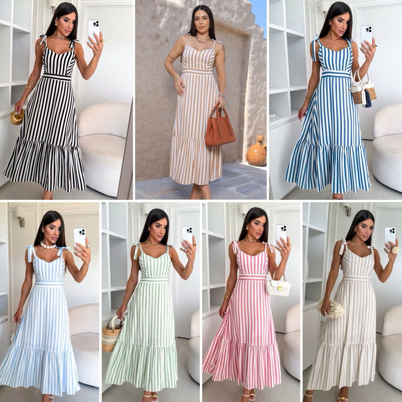 Vestido Mídi Regata alcinha três marias Curta forrado moda evangélica Listrado Tricoline Moda evangelica