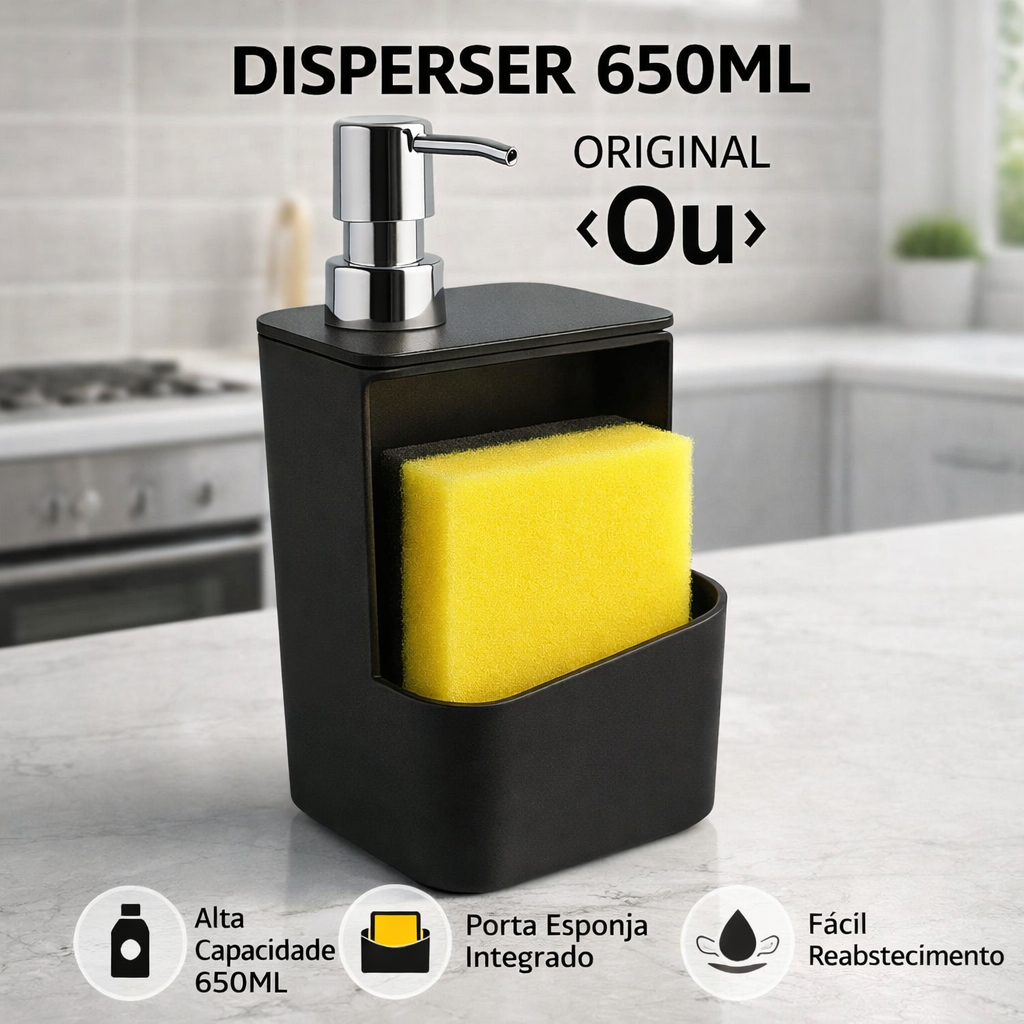 Dispenser Detergente 650ml Preto Pia Dosador Suporte Esponja Bucha Organizador Cozinha Original
