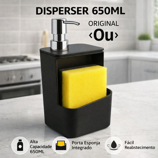 Dispenser Detergente 650ml Preto Pia Dosador Suporte Esponja Bucha Organizador Cozinha Or…