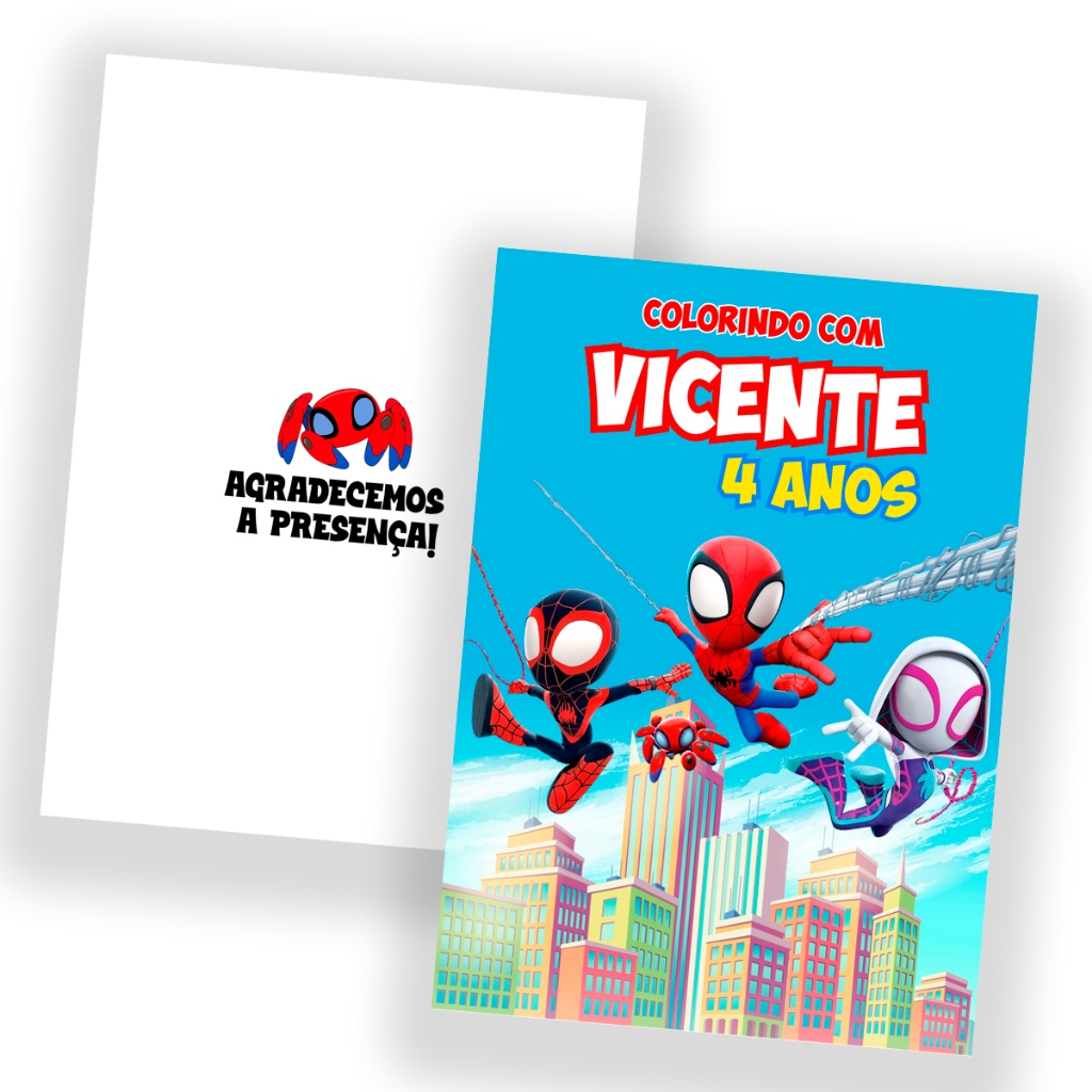 Kit Livro de Colorir Personalizado Capa Brilho Lembrancinha Aniversário Spidey Homem Aranha Menino Menina Qualquer Tema