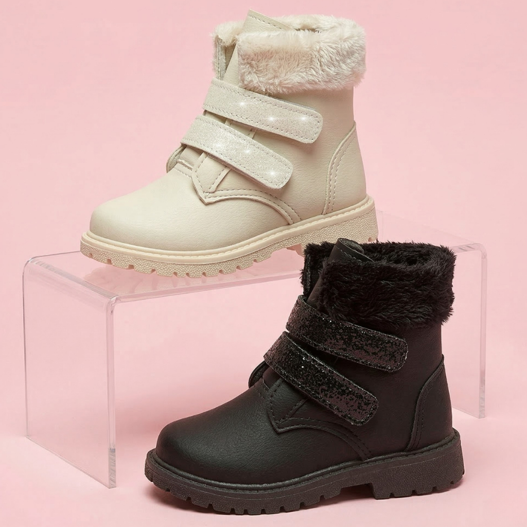 Bota Infantil Menina Coturno Tamanho 22 ao 27 Off-White e Preta Glitter Inverno Sapekitos
