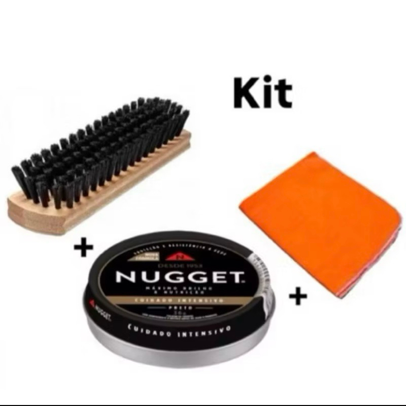 kit Nugget Lata em Pasta Cor Preta ou marrom Polidor de Sapato 36g + Escova de sapato+ Flanela