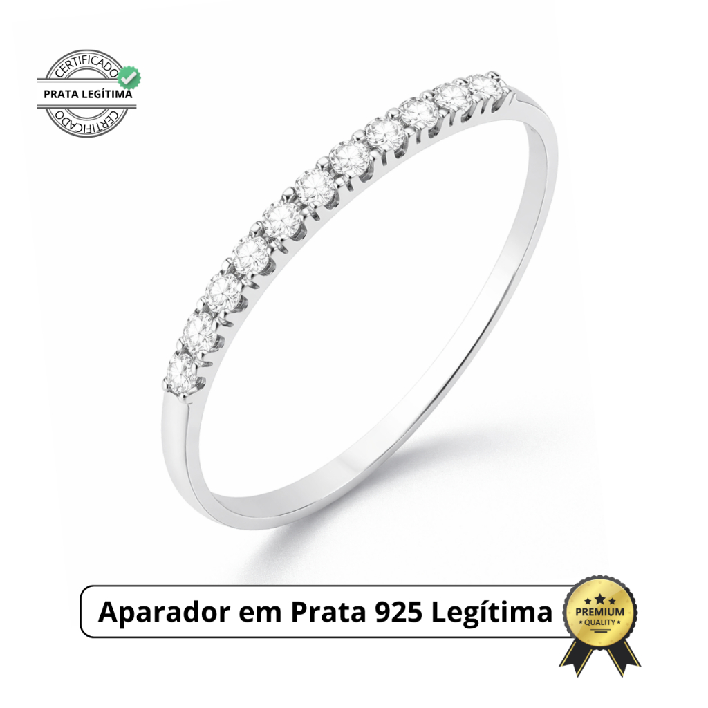 Anel Aparador Meia Aliança Em prata 925 com Zircônias Delicado com Garantia