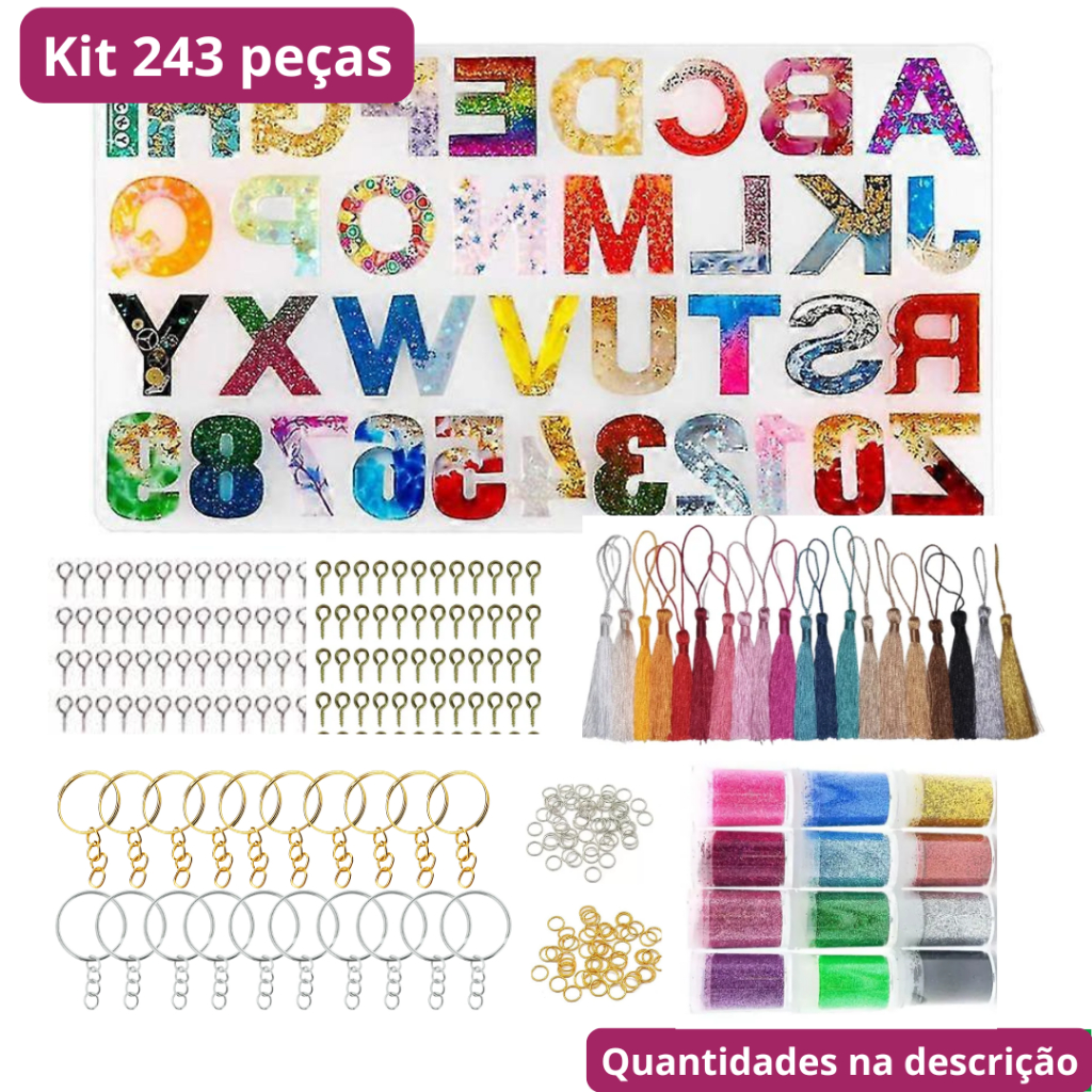 Kit 243 peças basico completo artesanato resina epóxi vela gesso diy molde letra glitter decoração