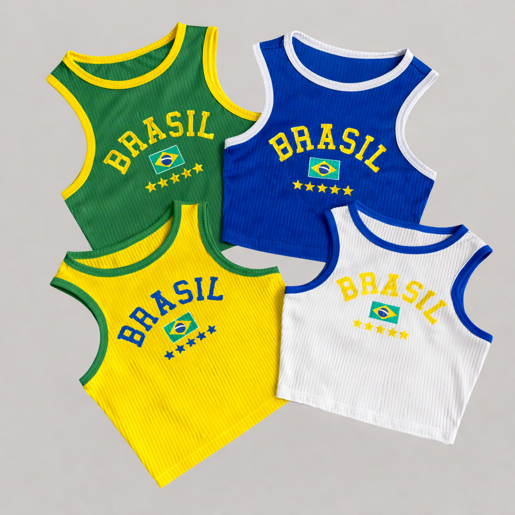 Kit 3 Blusinha Feminina Cropped Regata Brasil Canelada