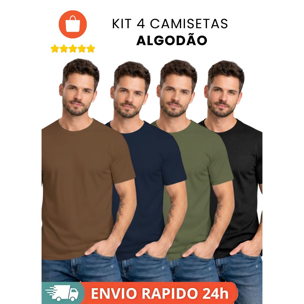 Kit 4 Camiseta Básica Masculina Lisa Algodão Cores Básicas Gola Careca