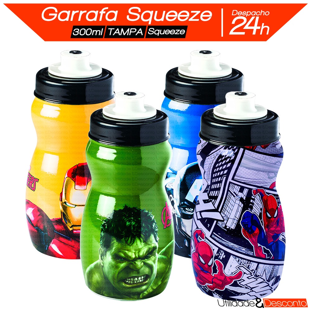Garrafa Squeeze 300ml Infantil Garrafinha Marvel Homem Aranha e Capitão América Escolar Multiuso