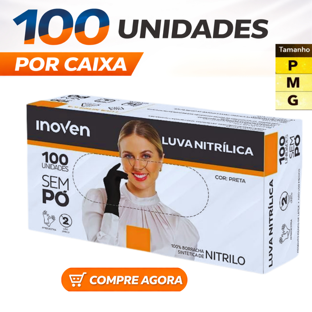 Luva Nitrílica Vinil Preta Descartável Sem Pó Resistente 100 Unidades Para Uso Profissional