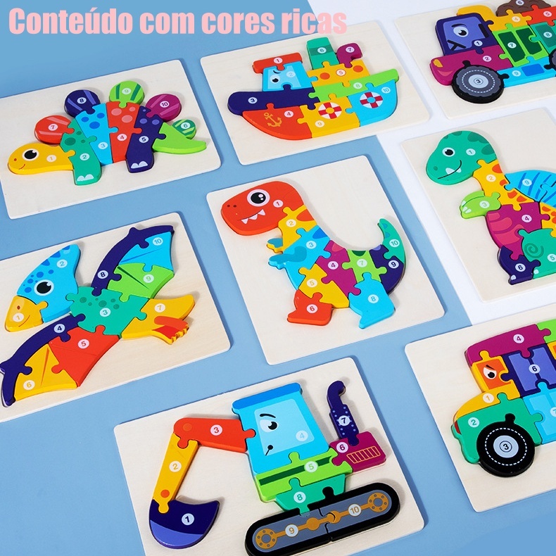 Quebra-Cabeça de Dino 3D em Madeira - Brinquedo Educativo Montessori para Bebês e Crianças Pequenas