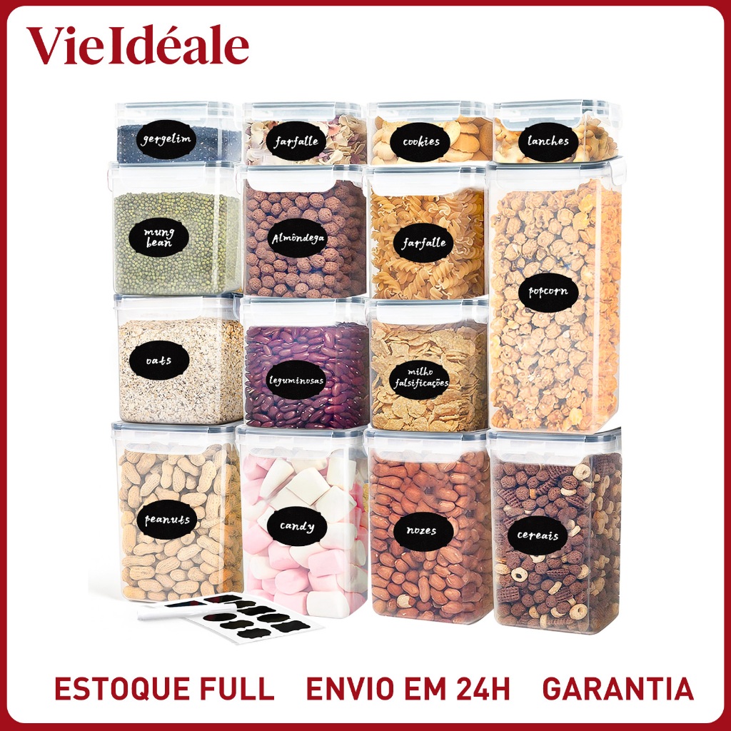 Conjunto de recipientes herméticos para armazenamento de alimentos com tampas – 15 peças, organização de cozinha e despe