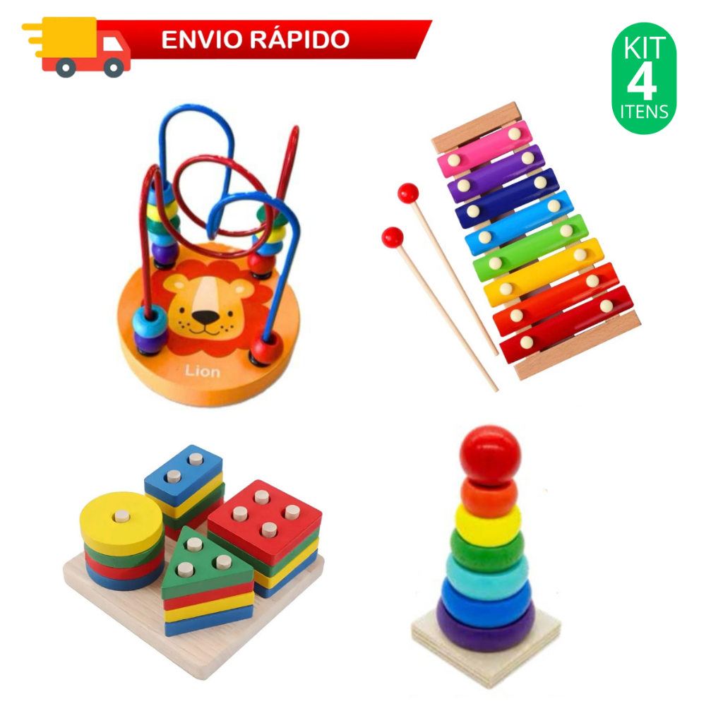 Brinquedo Educativo Pedagógico Didáticos Xilofone Labirinto Formas em Madeira kit com 4 Brinquedos Encaixe em Oferta na Shopee