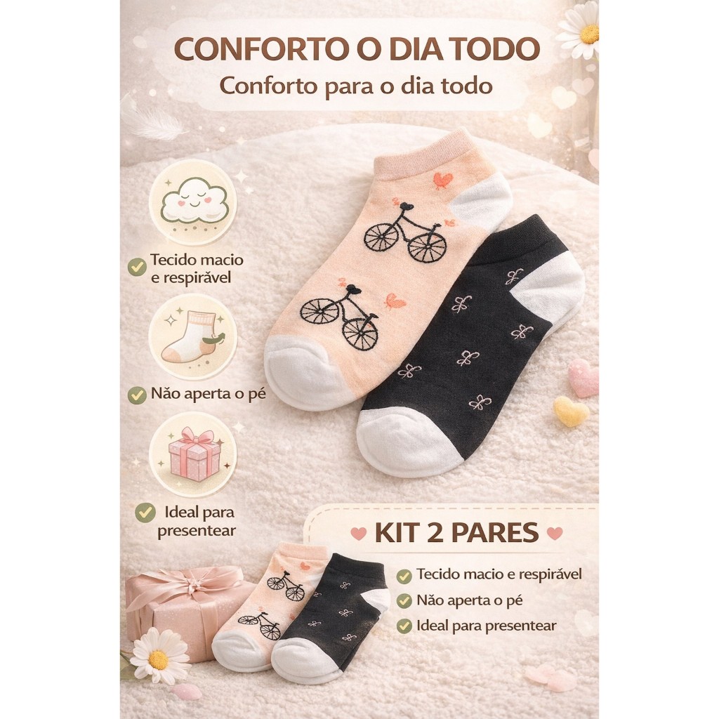Meia Feminina Kit 2 Pares Estampada Fofa Confortável Cano Curto Algodão Macia