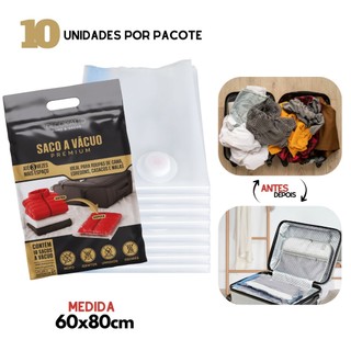 Kit 10 Saco a Vácuo 60x80cm Organizador p/ Mala Viagem Roupas Guarda Roupa Edredom