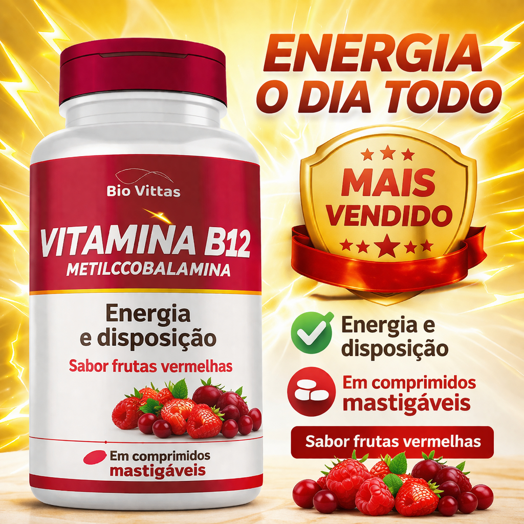 B12 Vitamina Metilcobalamina ORIGINAL 120 Comp. Mastigáveis Sabor Frutas Vermelhas - Bio Vittas